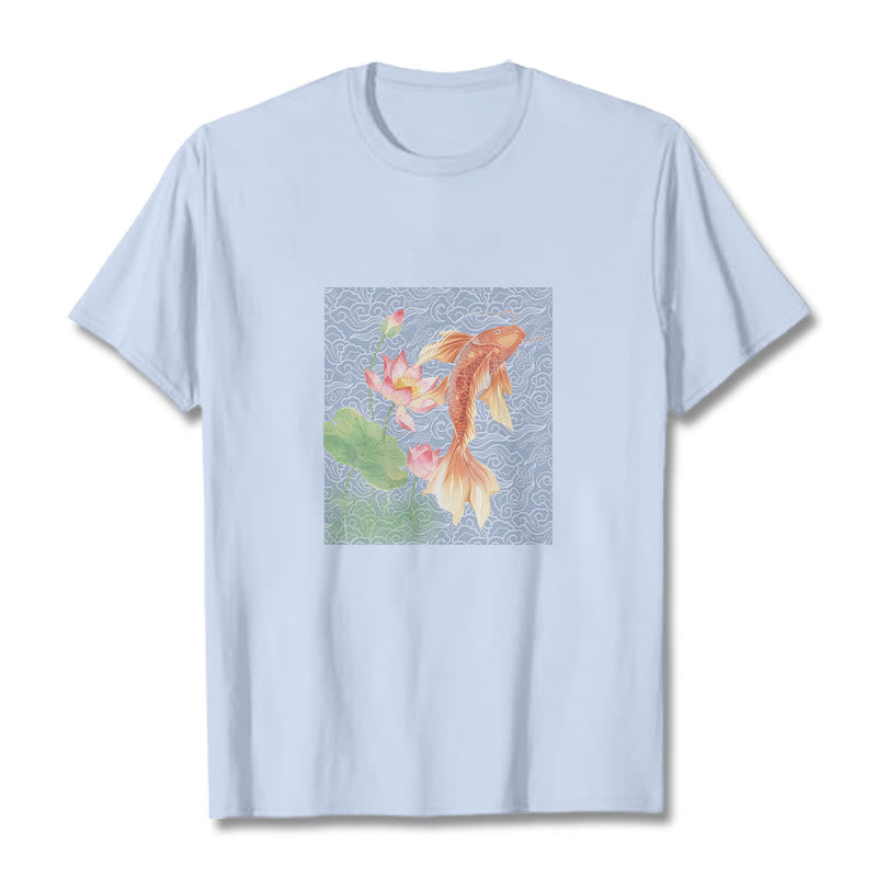 Buddha Stones Koi Fish Lotus Combination Cotton Tee T-shirt - LightCyan - 2XL - image 1