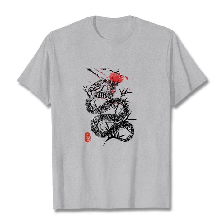 Buddha Stones Lantern Bamboo Leaves Snake Design Cotton Tee T-shirt