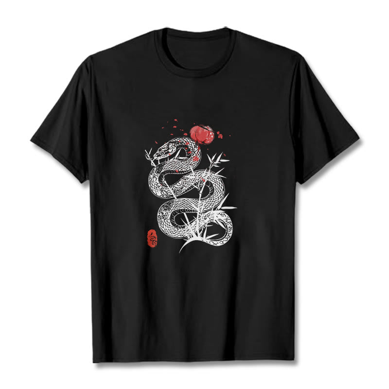 Buddha Stones Lantern Bamboo Leaves Snake Design Cotton Tee T-shirt - image 1