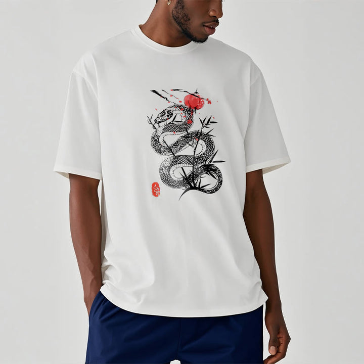 Buddha Stones Lantern Bamboo Leaves Snake Design Cotton Tee T-shirt