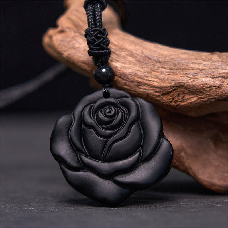 Buddha Stones Black Obsidian String Black Rose Purification Necklace Pendant