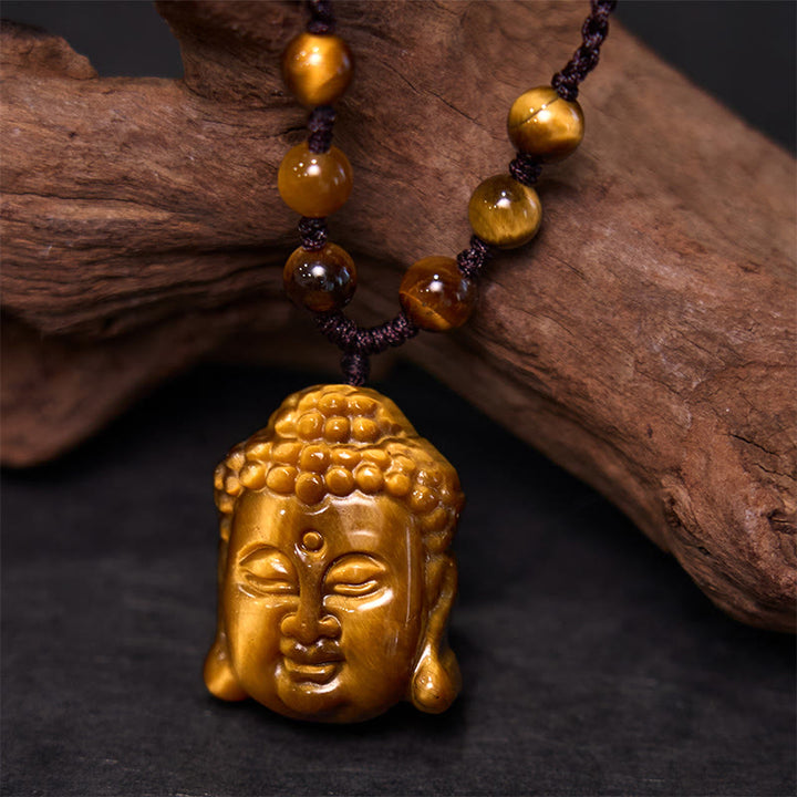 Buddha Stones Tiger Eye String Buddha Head Courage Necklace Pendant