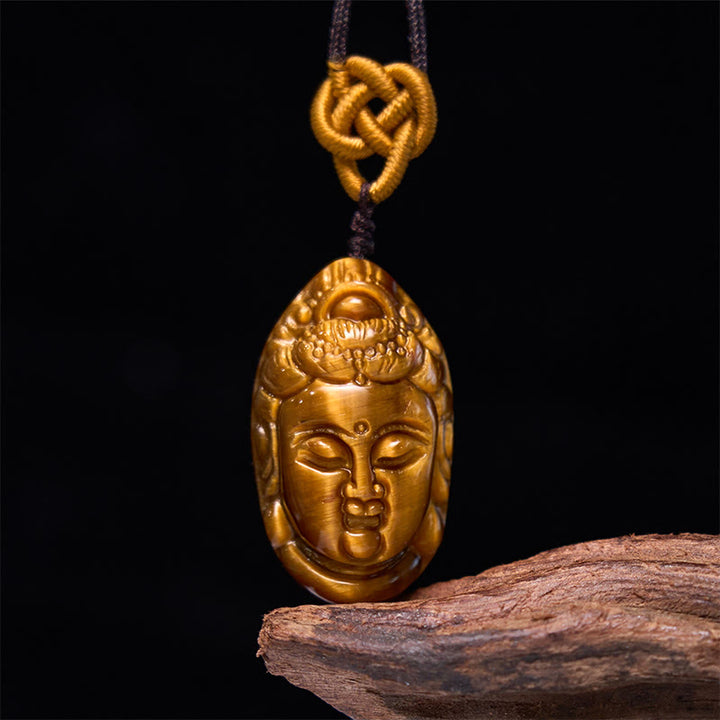 Buddha Stones Tiger Eye Kwan Yin Avalokitesvara Head String Strength Necklace Pendant