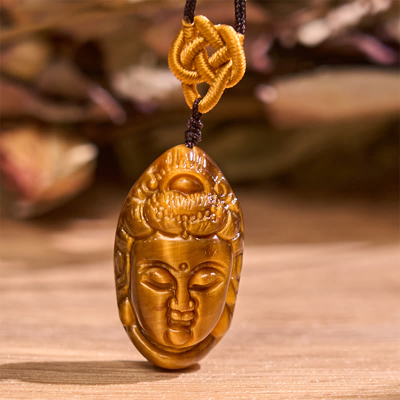 Buddha Stones Tiger Eye Kwan Yin Avalokitesvara Head String Strength Necklace Pendant