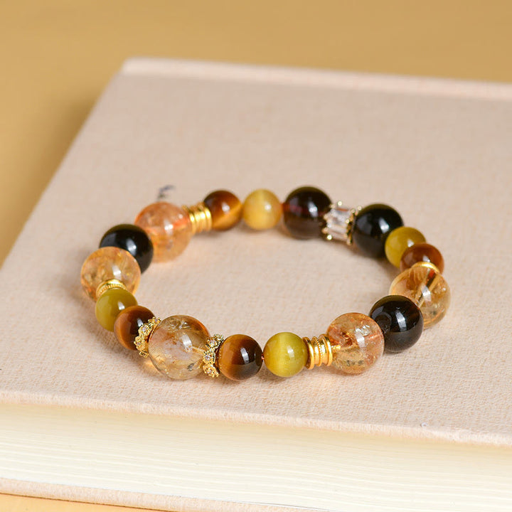 Buddha Stones Natural Citrine Smoky Quartz Tiger Eye Duobao Crystal Prosperity Bracelet