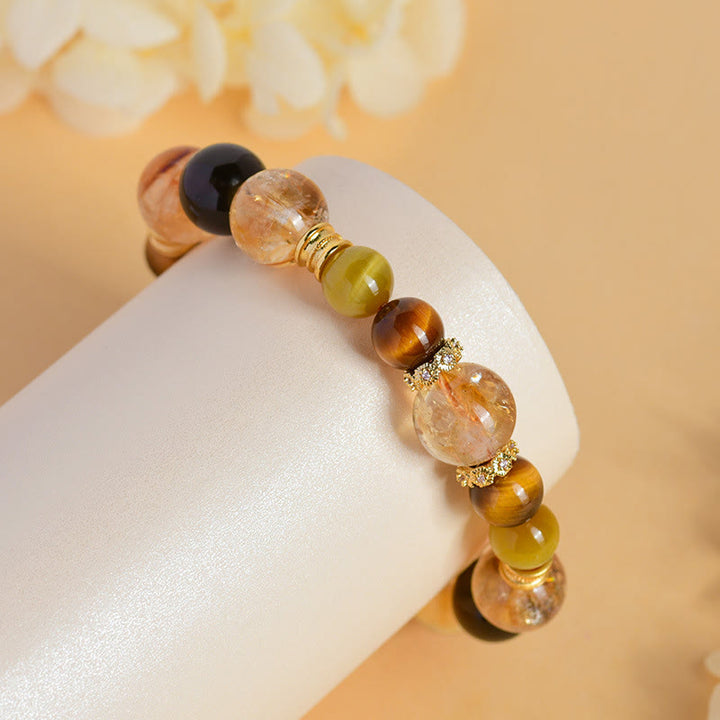 Buddha Stones Natural Citrine Smoky Quartz Tiger Eye Duobao Crystal Prosperity Bracelet