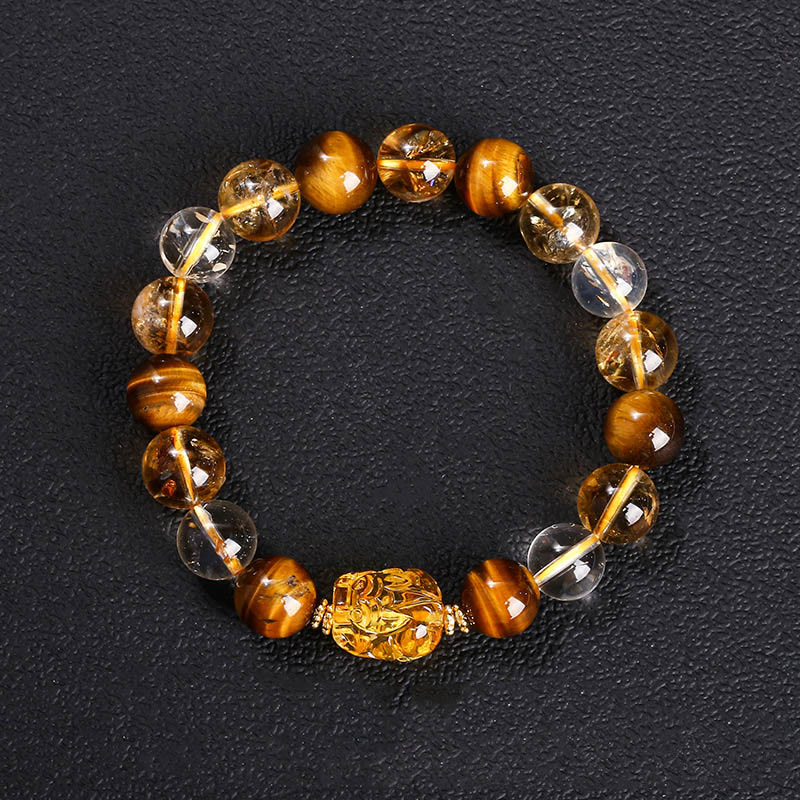 Buddha Stones Natural Yellow Tiger Eye Citrine Beeswax Pixiu Strength Bracelet