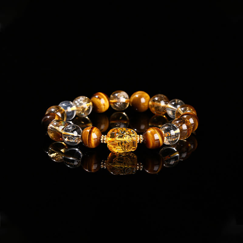 Buddha Stones Natural Yellow Tiger Eye Citrine Beeswax Pixiu Strength Bracelet