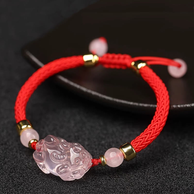 Buddha Stones PiXiu Pink Crystal Wealth String Braided Bracelet