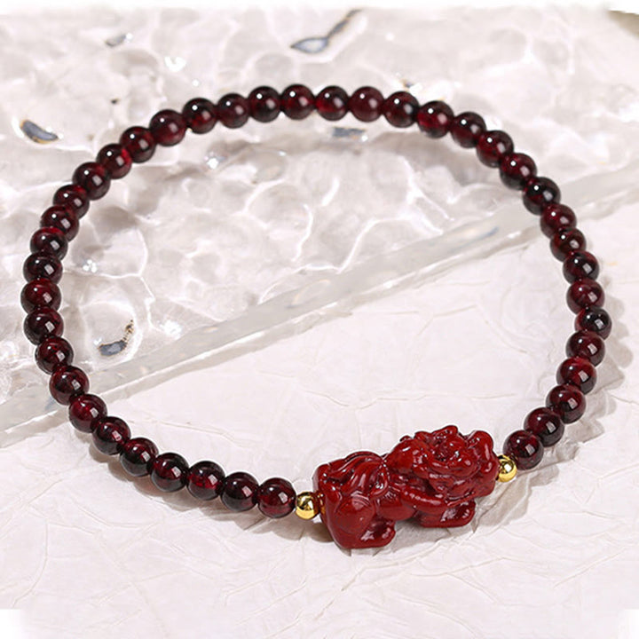 Buddha Stones Garnet Cinnabar PiXiu Strawberry Quartz Square Bead Protection Bracelet