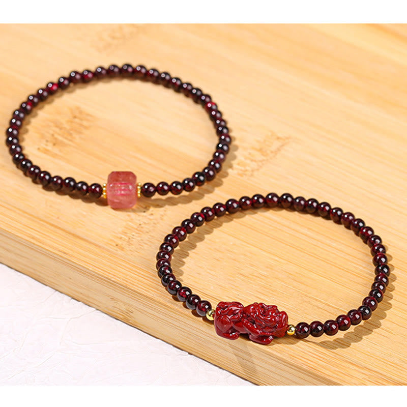 Buddha Stones Garnet Cinnabar PiXiu Strawberry Quartz Square Bead Protection Bracelet