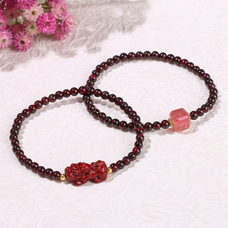 Buddha Stones Garnet Cinnabar PiXiu Strawberry Quartz Square Bead Protection Bracelet