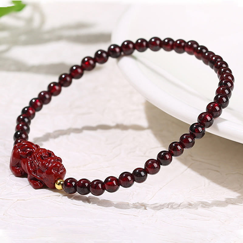 Buddha Stones Garnet Cinnabar PiXiu Strawberry Quartz Square Bead Protection Bracelet