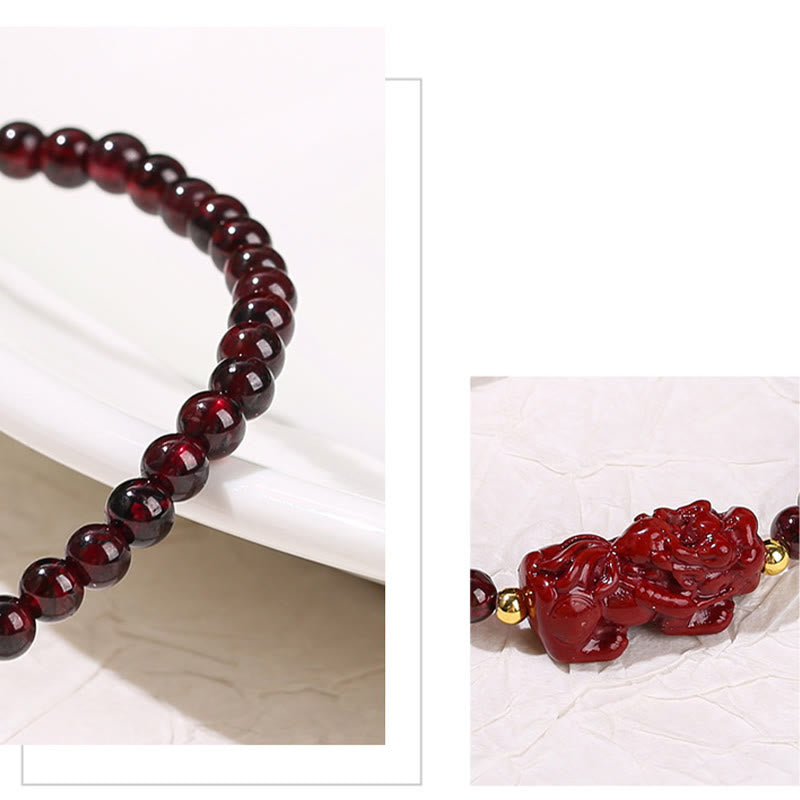 Buddha Stones Garnet Cinnabar PiXiu Strawberry Quartz Square Bead Protection Bracelet