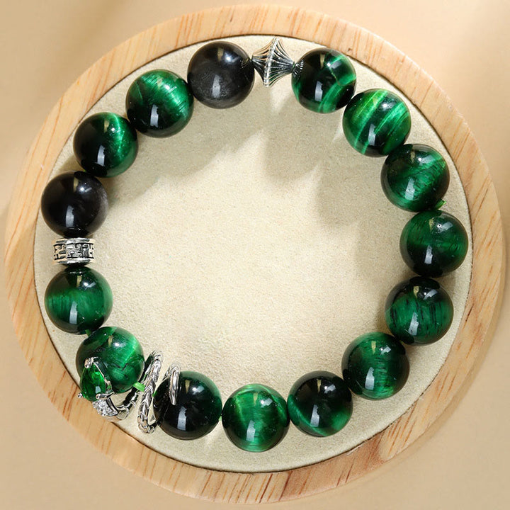 Buddha Stones Green Tiger Eye Silver Sheen Obsidian Year of the Snake Strength Bracelet