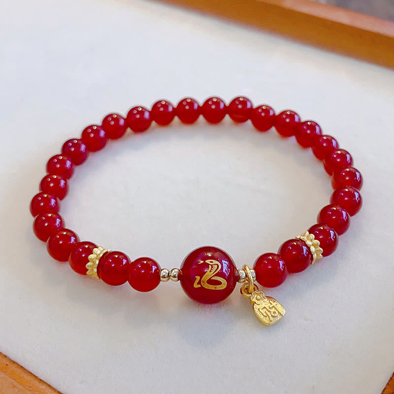 Buddha Stones Red Agate Gold Plated Copper Year Of The Snake Happiness Bracelet