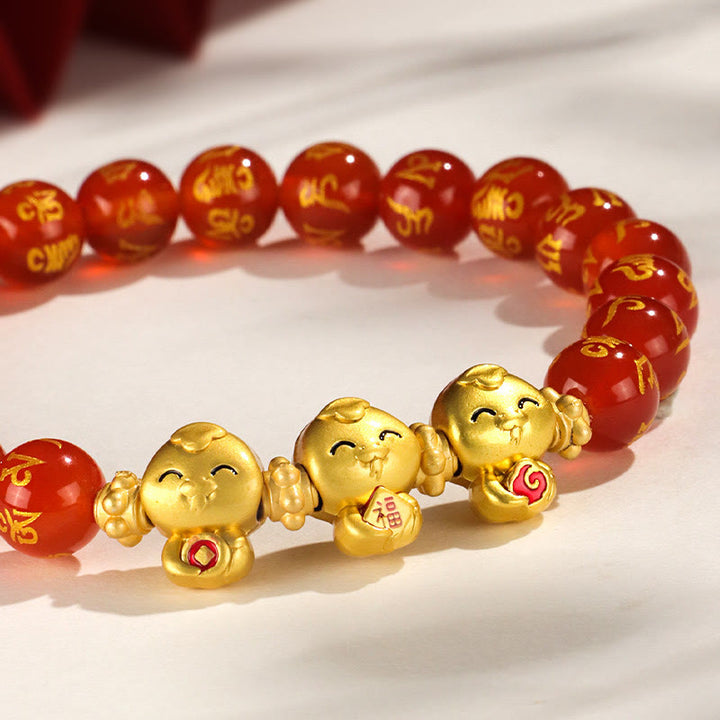 Buddha Stones Red Agate Black Onyx Bead Copper Year Of The Snake Fu Character Om Mani Padme Hum Happiness Bracelet