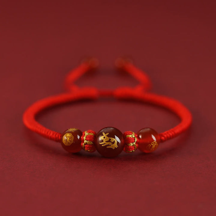 Buddha Stones Handmade Red Agate Chinese Zodiac Red String Braided Protection Bracelet - Red Agate Chinese Zodiac-Rabbit - image 4