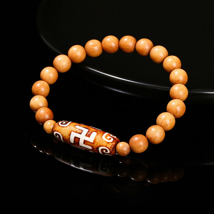 Buddha Stones Tibetan Nine-eye Dzi Bead Natural Sandalwood White Cat's Eye Agate Power Protection Bracelet