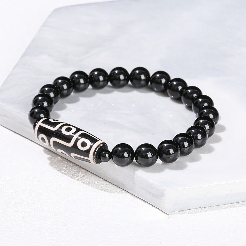 Buddha Stones Tibetan Nine-eye Dzi Bead Natural Sandalwood White Cat's Eye Agate Power Protection Bracelet