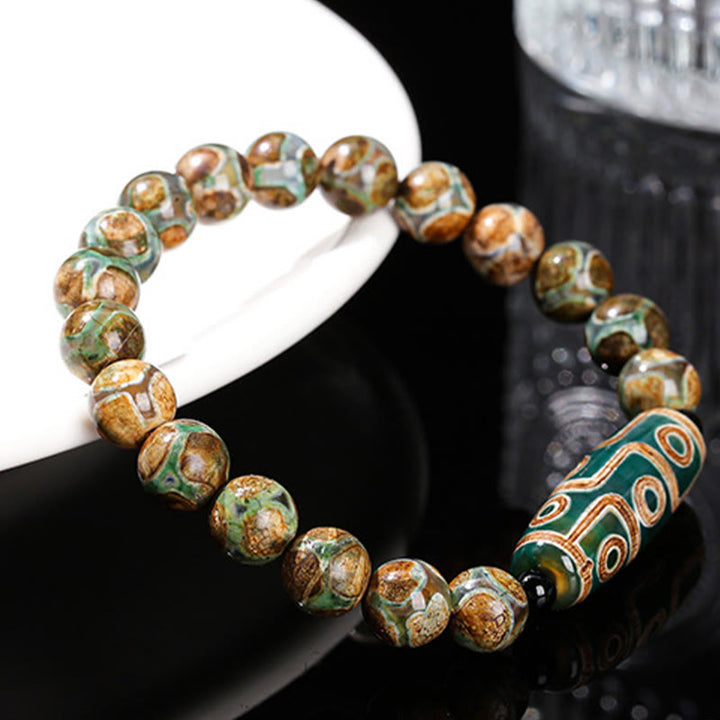 Buddha Stones Tibetan Nine-eye Dzi Bead Natural Sandalwood White Cat's Eye Agate Power Protection Bracelet