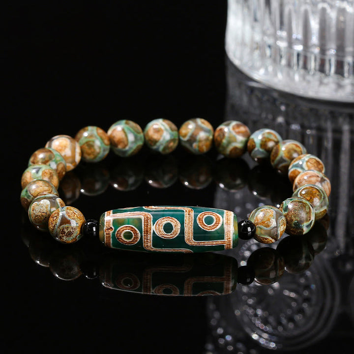 Buddha Stones Tibetan Nine-eye Dzi Bead Natural Sandalwood White Cat's Eye Agate Power Protection Bracelet