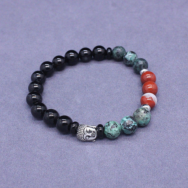 Buddha Stones Natural Black Onyx White Stone Green Aventurine Tiger Eye Agate Mixed Color Buddha Head Protection Bracelet