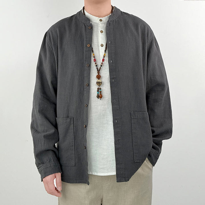 Buddha Stones Casual Solid Color Ramie Linen Cotton Men's Shirt With Pockets - Gray - US/UK/AU42，EU52 (3XL) - image 0