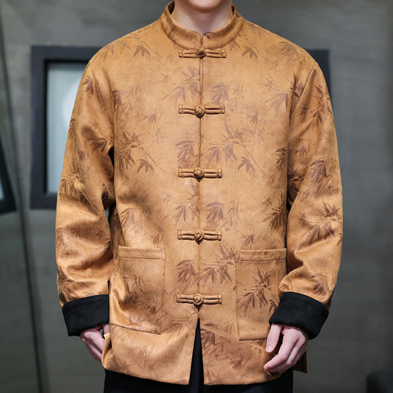 Buddha Stones Men's Frog-Button Tang Suit Bamboo Pattern Suede Cotton Jacket Shirt With Pockets