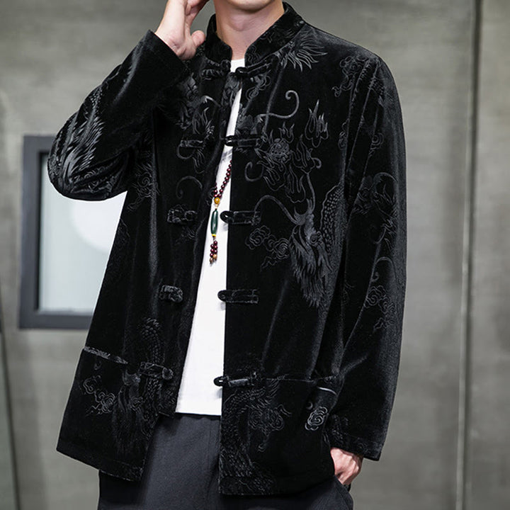 Buddha Stones Men's Frog-button Tang Suit Dragon Pattern Lisvelte Cotton Jacket Shirt With Pockets - Black - US/UK/AU46，EU56 (5XL) - image 10