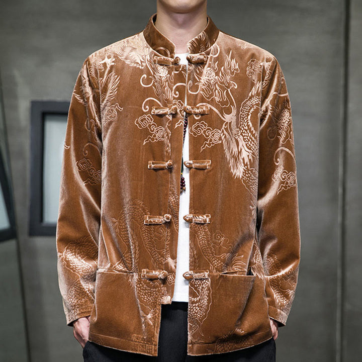 Buddha Stones Men's Frog-button Tang Suit Dragon Pattern Lisvelte Cotton Jacket Shirt With Pockets - Peru - US/UK/AU46，EU56 (5XL) - image 0