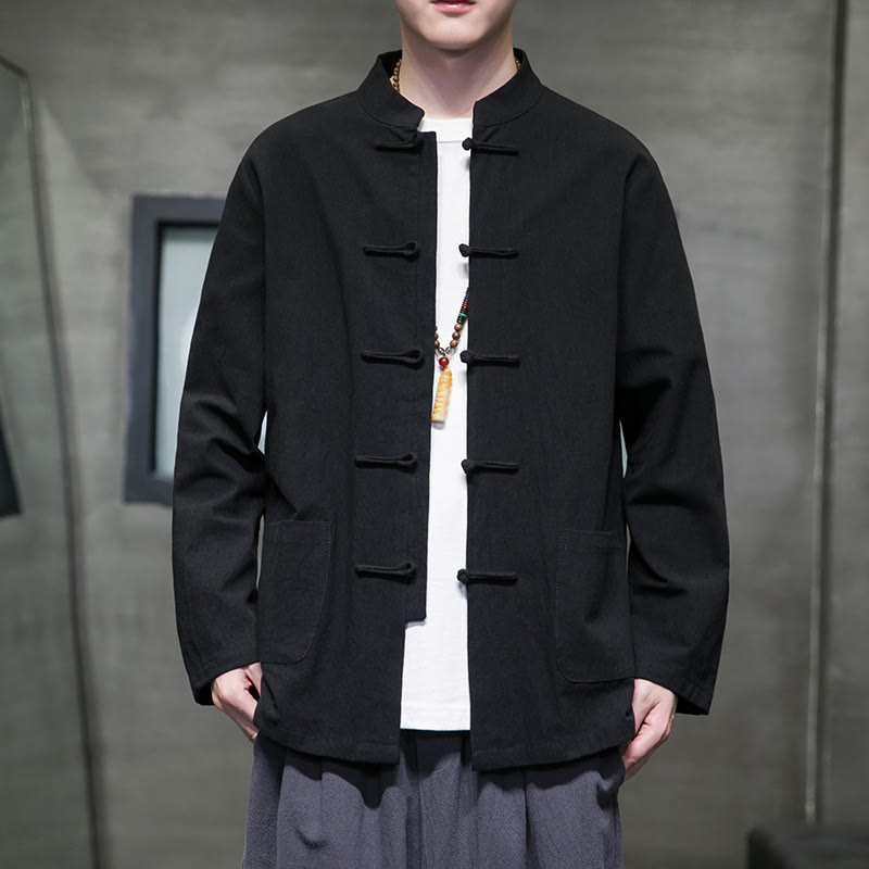 Buddha Stones Solid Color Frog-button Tang Suit Cotton Linen Men's Jacket Shirt With Pockets - Black - US/UK/AU46，EU56 (5XL) - image 45