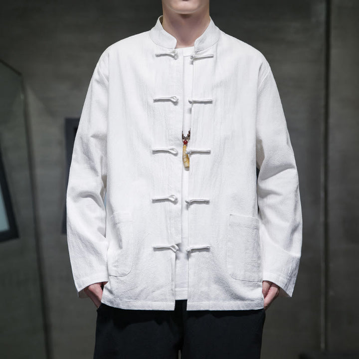Buddha Stones Solid Color Frog-button Tang Suit Cotton Linen Men's Jacket Shirt With Pockets - White - US/UK/AU46，EU56 (5XL) - image 40