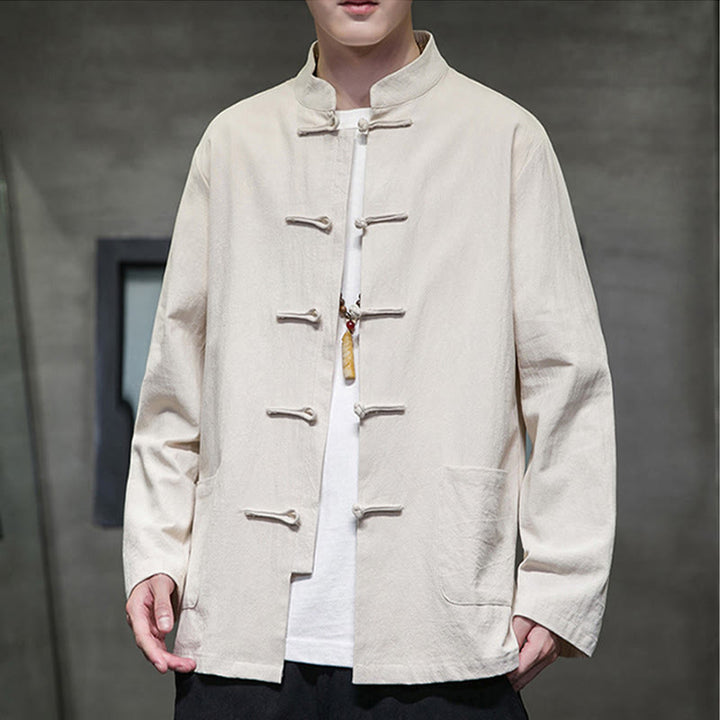 Buddha Stones Solid Color Frog-button Tang Suit Cotton Linen Men's Jacket Shirt With Pockets - image 14