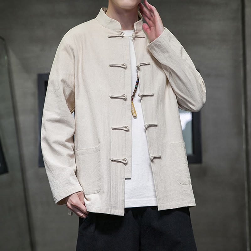 Buddha Stones Solid Color Frog-button Tang Suit Cotton Linen Men's Jacket Shirt With Pockets - image 15