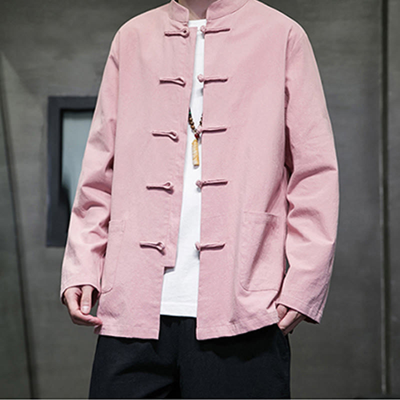 Buddha Stones Solid Color Frog-button Tang Suit Cotton Linen Men's Jacket Shirt With Pockets - image 26