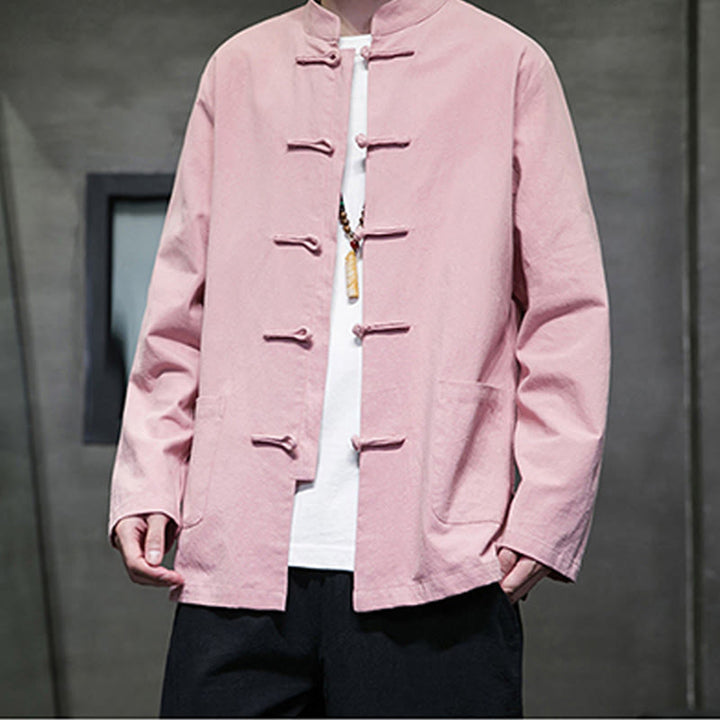 Buddha Stones Solid Color Frog-button Tang Suit Cotton Linen Men's Jacket Shirt With Pockets - image 26