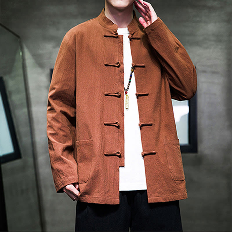 Buddha Stones Solid Color Frog-button Tang Suit Cotton Linen Men's Jacket Shirt With Pockets - image 22