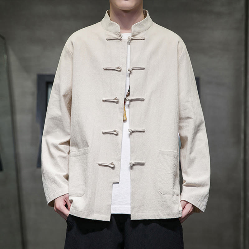 Buddha Stones Solid Color Frog-button Tang Suit Cotton Linen Men's Jacket Shirt With Pockets - Beige - US/UK/AU46，EU56 (5XL) - image 11