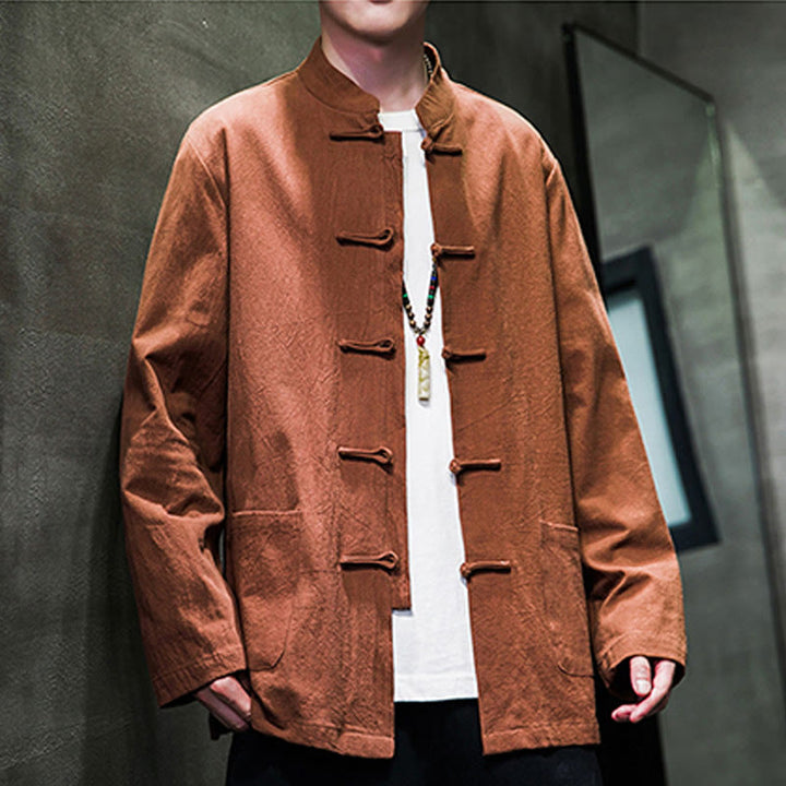 Buddha Stones Solid Color Frog-button Tang Suit Cotton Linen Men's Jacket Shirt With Pockets - image 23