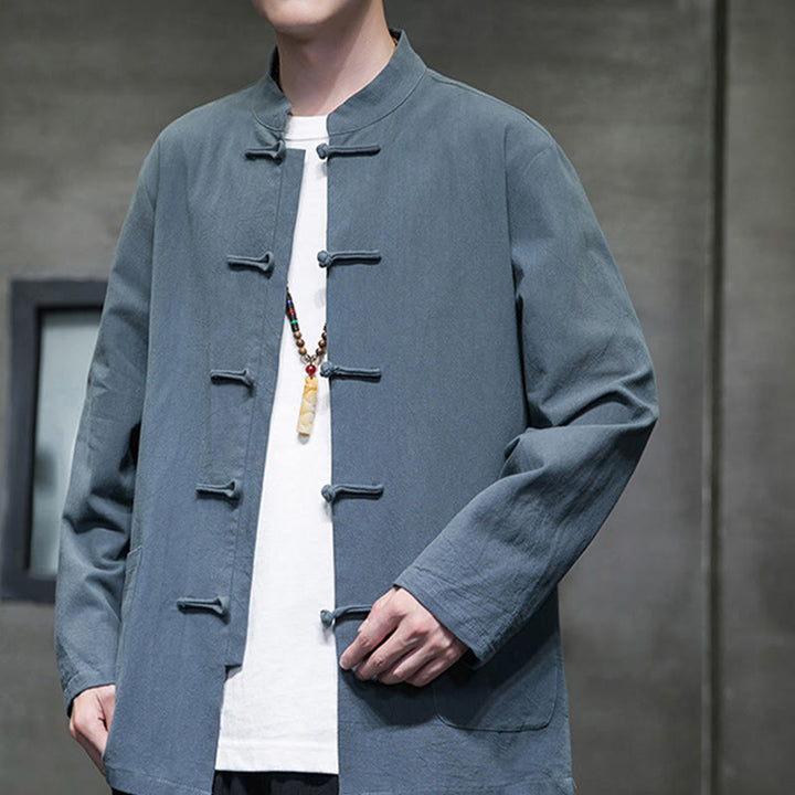 Buddha Stones Solid Color Frog-button Tang Suit Cotton Linen Men's Jacket Shirt With Pockets - image 3
