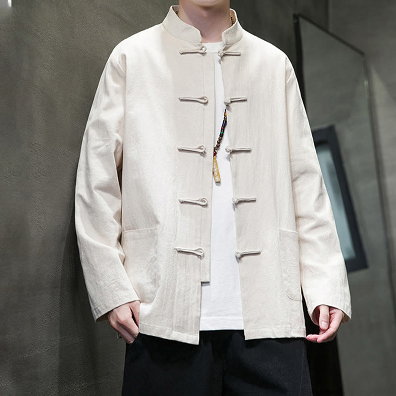 Buddha Stones Solid Color Frog-button Tang Suit Cotton Linen Men's Jacket Shirt With Pockets - image 13