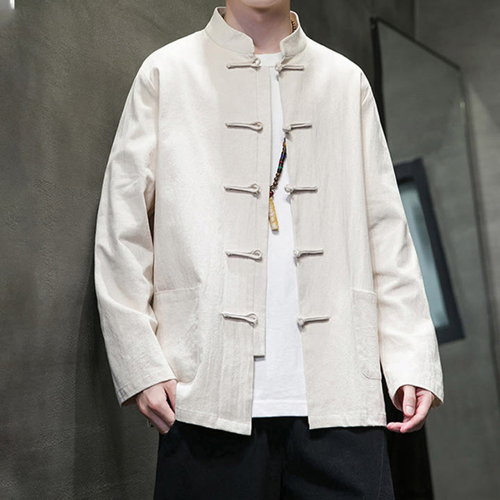 Buddha Stones Solid Color Frog-button Tang Suit Cotton Linen Men's Jacket Shirt With Pockets - image 13
