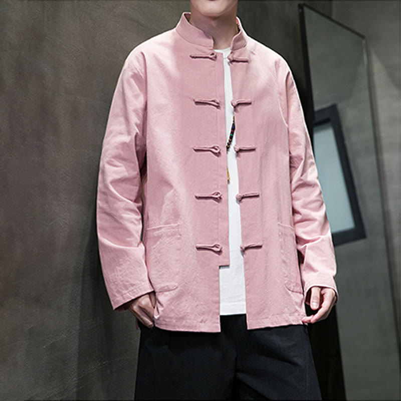 Buddha Stones Solid Color Frog-button Tang Suit Cotton Linen Men's Jacket Shirt With Pockets - image 28