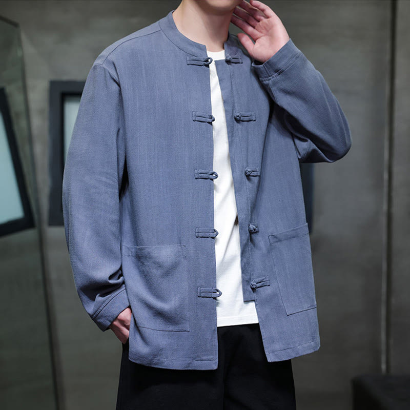 Buddha Stones Casual Plain Color Frog-button Linen Men's Jacket Shirt With Pockets - image 3