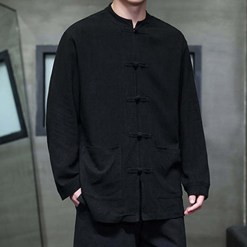 Buddha Stones Casual Plain Color Frog-button Linen Men's Jacket Shirt With Pockets - image 9