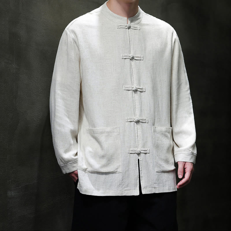 Buddha Stones Casual Plain Color Frog-button Linen Men's Jacket Shirt With Pockets - image 17