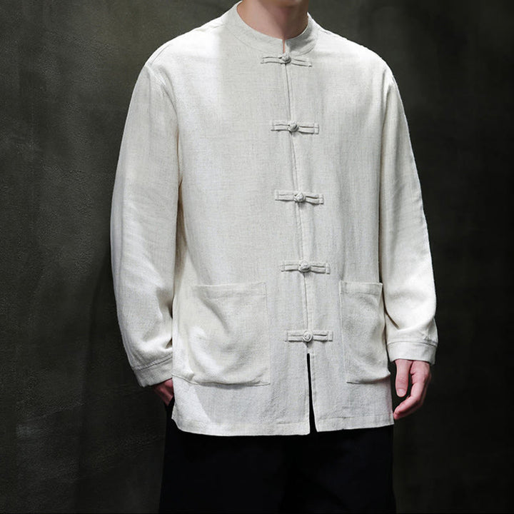 Buddha Stones Casual Plain Color Frog-button Linen Men's Jacket Shirt With Pockets - image 17