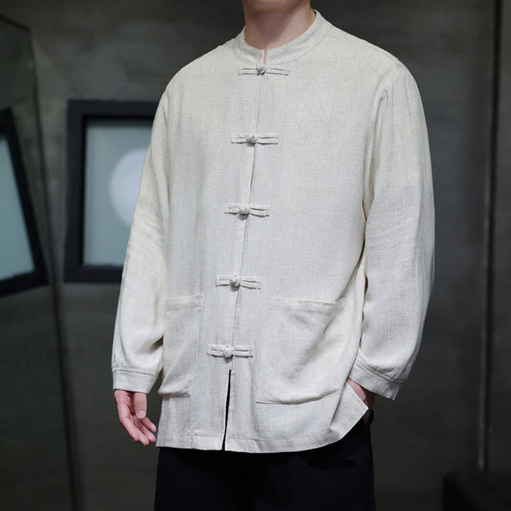 Buddha Stones Casual Plain Color Frog-button Linen Men's Jacket Shirt With Pockets - image 16