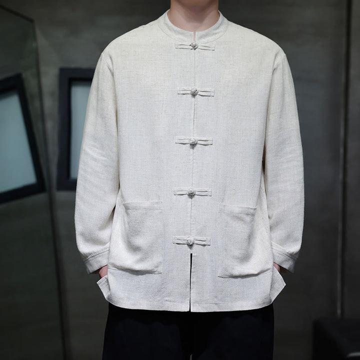 Buddha Stones Casual Plain Color Frog-button Linen Men's Jacket Shirt With Pockets - White - US/UK/AU46，EU56 (5XL) - image 14